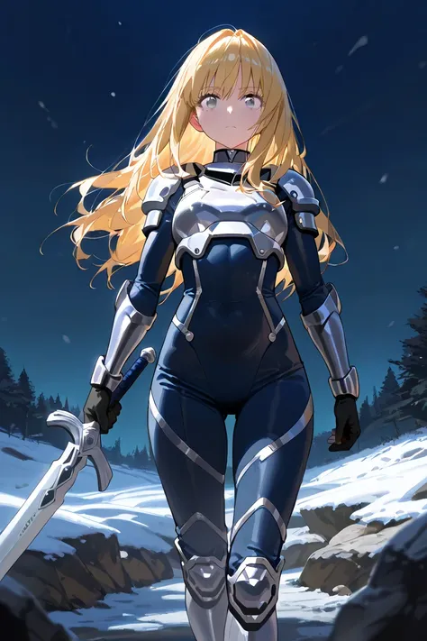 BEST QUALITY, ULTRA DETAILED, HIGH DEFINITION, ALONE, girl, , blonde hair, shoulder length hair, vivid silver eyes. warrior uniform: tight gray full-body jumpsuit, silver armor, holding a large blue sword, (background: in the mountains at night, training)