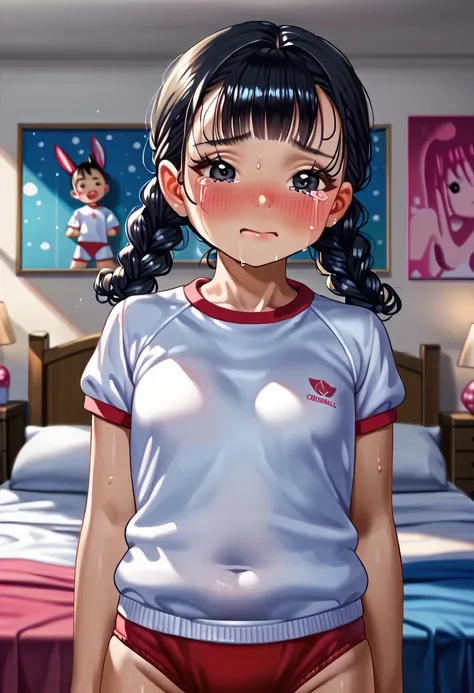 (( 1 girl:1.3)), Masterpiece,  best quality ,  Amazing Beauty , 4K,   is ridiculous,  detailed depiction , Super detailed eyes ,  Complete anatomy,  Official Art,  Cinematic Lighting, break, ((((Bedroom at home:2)))),  silky twin tail , ( black hair:1.5), ...