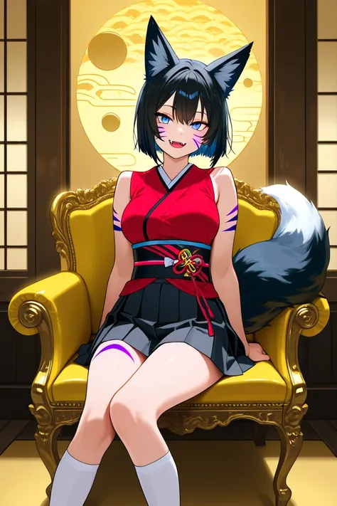 BEST QUALITY, ULTRA DETAILED, HIGH DEFINITION, ALONE, 1 girl, fox tail, slit pupil, blue eyes, black hair, short hair, fox ears, medium breasts, a green stripe on each cheek, stripes on the body, slender, black pleated skirt, high white socks, dark red sle...