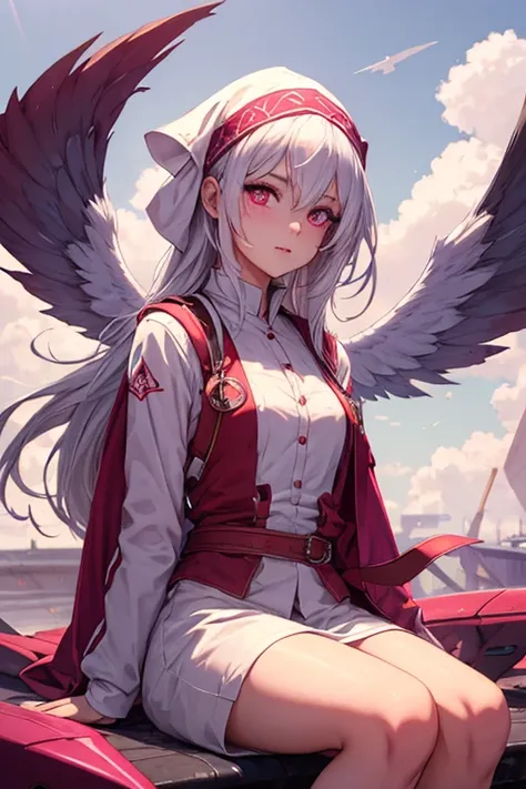  A beautiful young woman with white hair with pink reflections  ,  pink eyes ,  red marks on the body  ,  a pair of small wings that cover your head  , White tunics,   flying sitting on a white cloud with purple shadows.