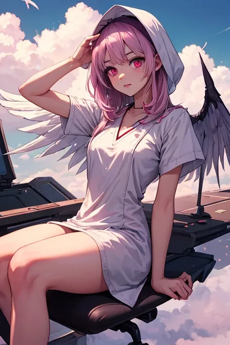  A beautiful young woman with white hair with pink reflections  ,  pink eyes ,  red marks on the body  ,  a pair of small wings that cover your head  , White tunics,   flying sitting on a white cloud with purple shadows.