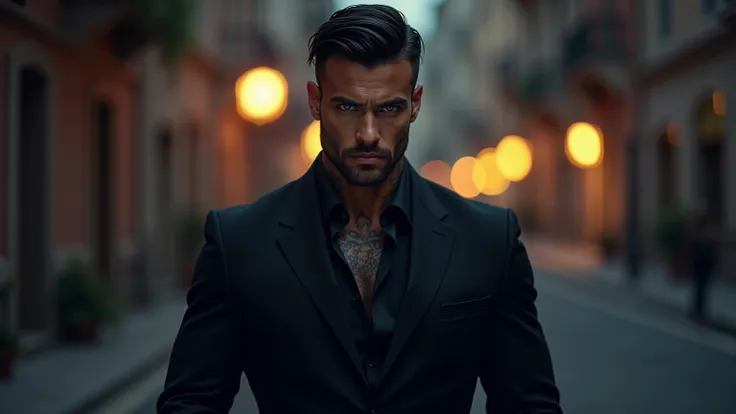 Cinematic, hyper realistic A tall, muscular, broad-shouldered, athletic physique of a 30yo Italian man with grey-blue eyes,  wearing a fitted black Armani suit with the top two shirt buttons open and the sleeves rolled up half way, he has tattoos on his ne...