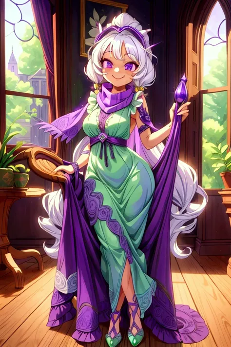 Masterpiece, best quality, 1 old woman, white hair, standing indoors with intricate details and sunlight. purple and green frilled long dress, scarf, purple metallic arm, sexy smiling, sexy pose, coquette, beautiful long legs, mature girl, gorgeous body.