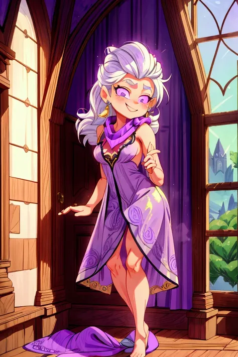 Masterpiece, best quality, 1 old woman, white hair, standing indoors with intricate details and sunlight. purple and green frilled long dress, scarf, purple metallic arm, sexy smiling, sexy pose, coquette, beautiful long legs, mature girl, gorgeous body.