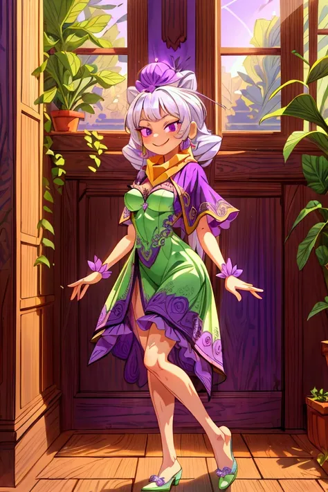 Masterpiece, best quality, 1 old woman, white hair, standing indoors with intricate details and sunlight. purple and green frilled long dress, scarf, purple metallic arm, sexy smiling, sexy pose, coquette, beautiful long legs, mature girl, gorgeous body.