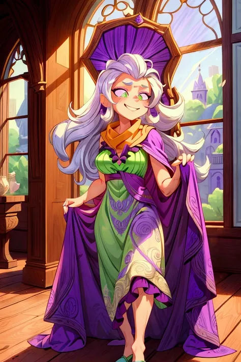 Masterpiece, best quality, 1 old woman, white hair, standing indoors with intricate details and sunlight. purple and green frilled long dress, scarf, purple metallic arm, sexy smiling, sexy pose, coquette, beautiful long legs, mature girl, gorgeous body.