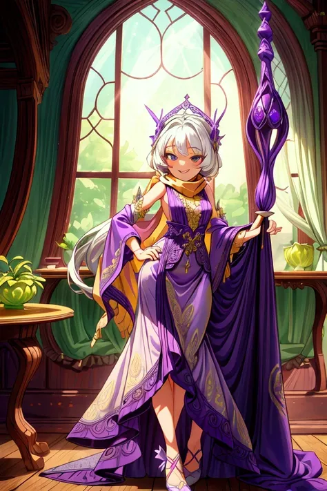 Masterpiece, best quality, 1 old woman, white hair, standing indoors with intricate details and sunlight. purple and green frilled long dress, scarf, purple metallic arm, sexy smiling, sexy pose, coquette, beautiful long legs, mature girl, gorgeous body.