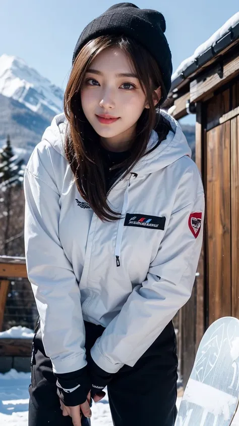 ai_kase, (Famous ski slopes in the snowy mountains:1.3),  (She is wearing White-based hooded ski-wear with red stripes), (A beautiful Japanese girl:1.3), (masterpiece:1.3), masterworks, authentic texture, perfect work, Highly detailed CG Unity 16k wallpape...