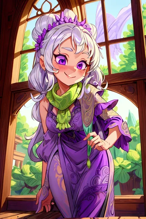 Masterpiece, best quality, 1 old woman, white hair, standing indoors with intricate details and sunlight. purple and green frilled long dress, scarf, purple metallic arm, sexy smiling, sexy pose, coquette, beautiful long legs, mature girl, gorgeous body.