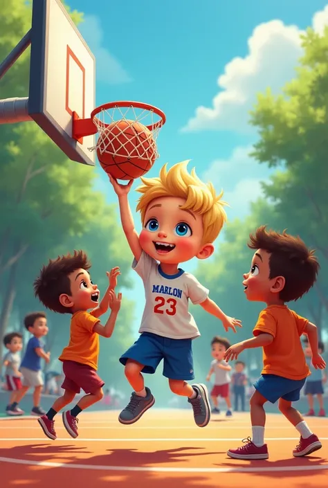 
 Groupe d’enfants jouant au basket. Dans ce groupe, We see a  with the number 23 scoring a basket ,  he is blond with blue eyes and the name of MARLON appears on his T-shirt .Cartoon.