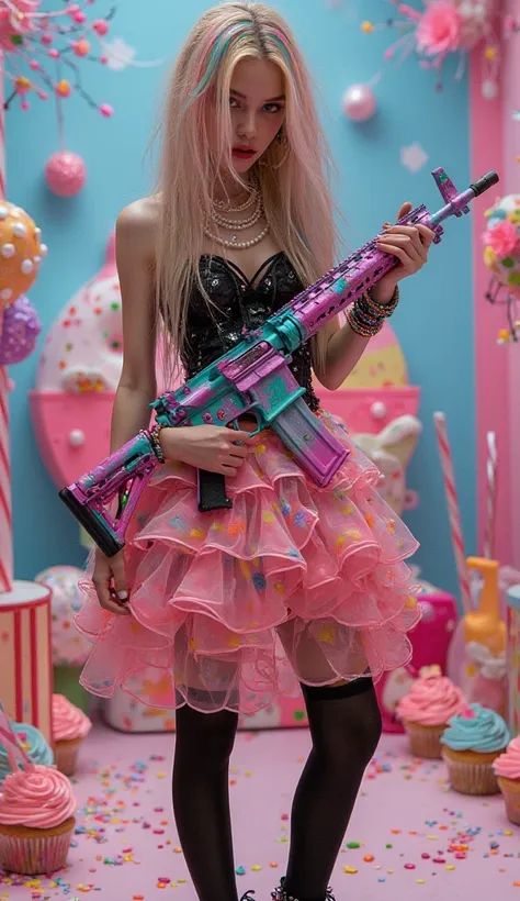 A Full body shot of a bold and edgy young teen girl exuding a punk-pop aesthetic with a quirky and vibrant twist. She stands confidently in the center of a whimsical, candy-themed setting, her striking presence amplified by her unique outfit. She wears a b...