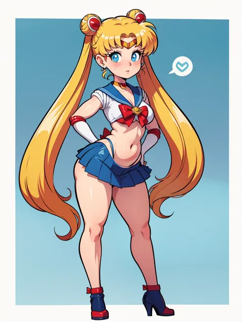 (( 1girl, white background, clean:0.9)), lineart, vector, tsukino usagi, long hair, (blue eyes:1.5), double buns, ((blonde hair,)) (medium breast, blue mini skirt), 1girl, looking at the viewer, (full body), hands on hips, from behind, micro bikini, bend o...