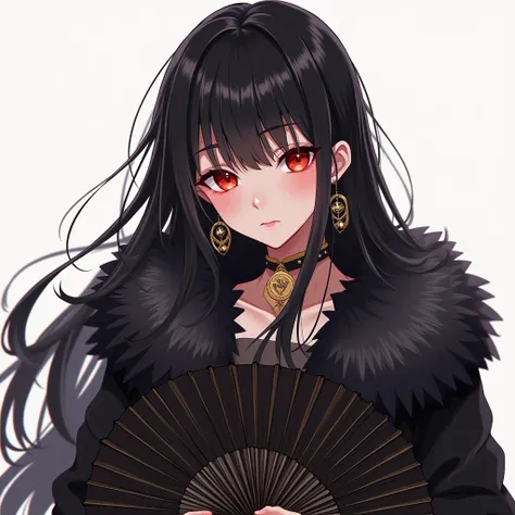 1 anime girl, appearance= " black hair", "Ojos rojos", " slim build ", "attractive", " fur coat ", "Gold jewelry", "high" "black fan", "Braided hair" 