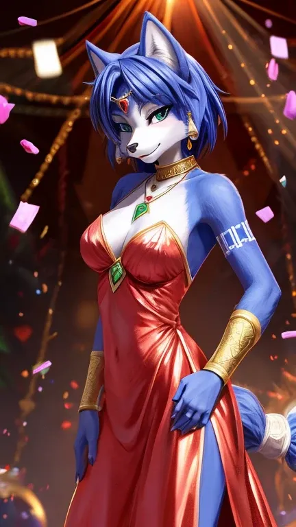 krystal fox (Star Fox Adventures), furry, female, sensual and delicate, wearing a long shiny dress, breastsout, defined and seductive body, clean hair, lovely gaze, at a party alone, best qualityer, ​masterpiece, anime styling, photoshot, realisitic, High ...