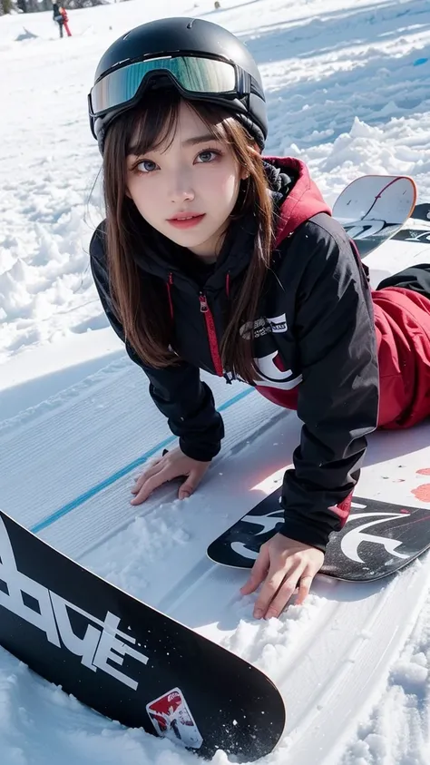 ai_kase, (Famous ski slopes in the snowy mountains:1.3),  (She is wearing White-based hooded ski-wear with red stripes), (A beautiful Japanese girl:1.3), (masterpiece:1.3), masterworks, authentic texture, perfect work, Highly detailed CG Unity 16k wallpape...