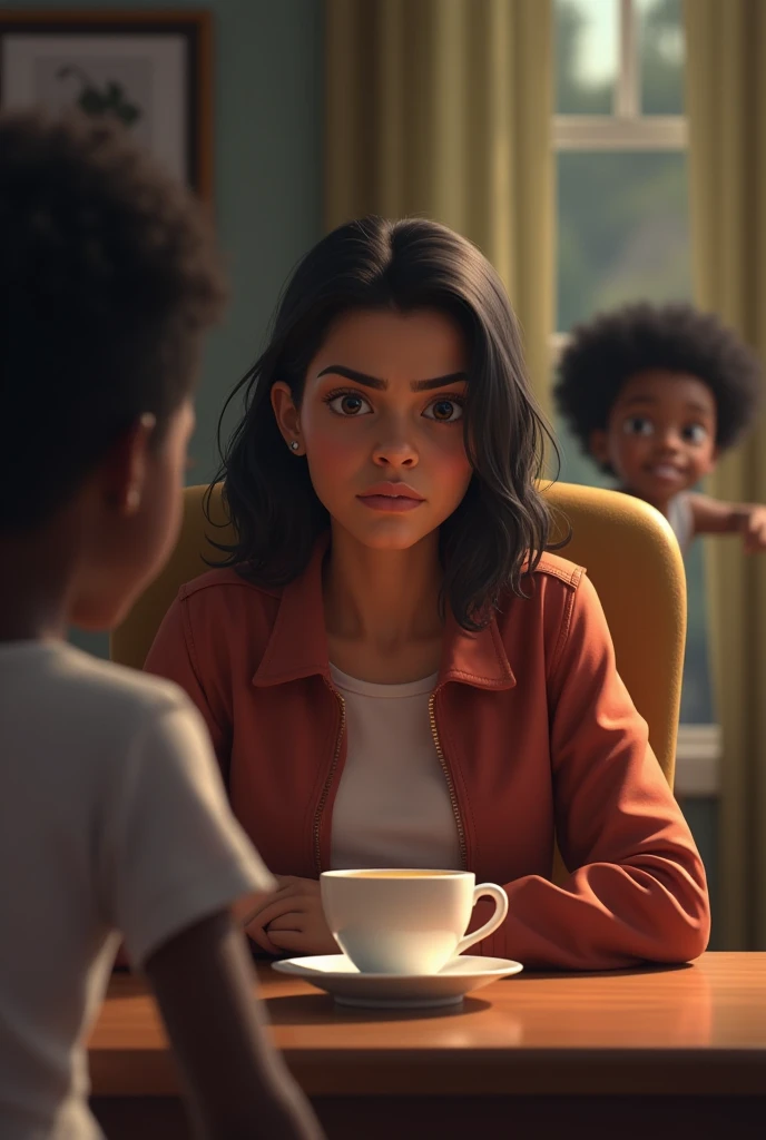 A light skinned Mexican lady sitting on a chair with a cup of tea on the table in front of her staring angrily at a little dark skinned African girl that is running around and smiling 