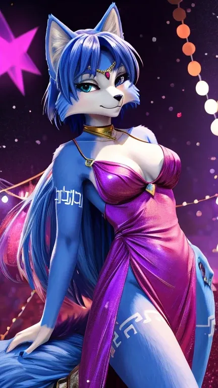 krystal fox (Star Fox Adventures), furry, female, sensual and delicate, wearing a long shiny dress, breastsout, defined and seductive body, clean hair, lovely gaze, at a party alone, best qualityer, ​masterpiece, anime styling, photoshot, realisitic, High ...