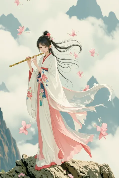 A stunning illustration of a young Chinese flutist playing a traditional bamboo flute (dizi) on a mountain peak surrounded by clouds. The artist is dressed in a traditional Chinese robe with intricate embroidery, the fabric billowing in the wind. The colors are a mix of light gray, soft white, and pastel pink, reflecting the romantic manga style. The scene conveys harmony with nature, with the flute's music seemingly resonating through the clouds and valleys. Ethereal transparency, gentle contrasts, and delicate details highlight the musician's feminine grace and connection to her surroundings --ar 71:128 --stylize 750.