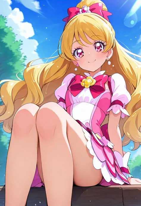 blue sky　Flying on a broom　smile　Cure Miracle　Magical Girl PreCure　 best quality ,  Masterpiece ,  super high resolution,　  Beautiful Legs　Beautiful upper body　Beautiful lower body　 2 Perfect Legs 　 perfect five fingers beautiful eyes detailed eyes detaile...