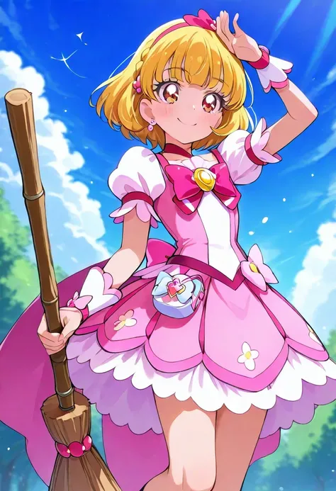 blue sky　Flying on a broom　smile　Cure Magical 　Magical Girl PreCure　 best quality ,  Masterpiece ,  super high resolution,　  Beautiful Legs　Beautiful upper body　Beautiful lower body　 2 Perfect Legs 　 perfect five fingers beautiful eyes detailed eyes detail...