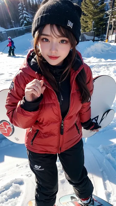 ai_kase, (Famous ski slopes in the snowy mountains:1.3), (She is a snowboarder who glides down the slopes with style.:1.3), (She is wearing White-based hooded ski-wear with red stripes), (A beautiful Japanese girl:1.3), (masterpiece:1.3), masterworks, auth...