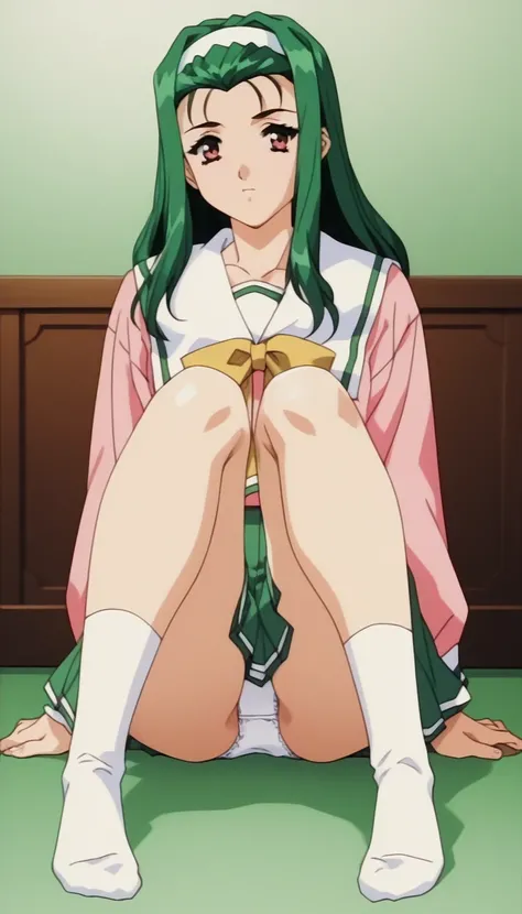 nagisa, green hair, hairband, serafuku, pink shirt, pleated skirt, green skirt， full body style that reflects your whole body，Bare legs、 white panties， white socks、black lofa ，