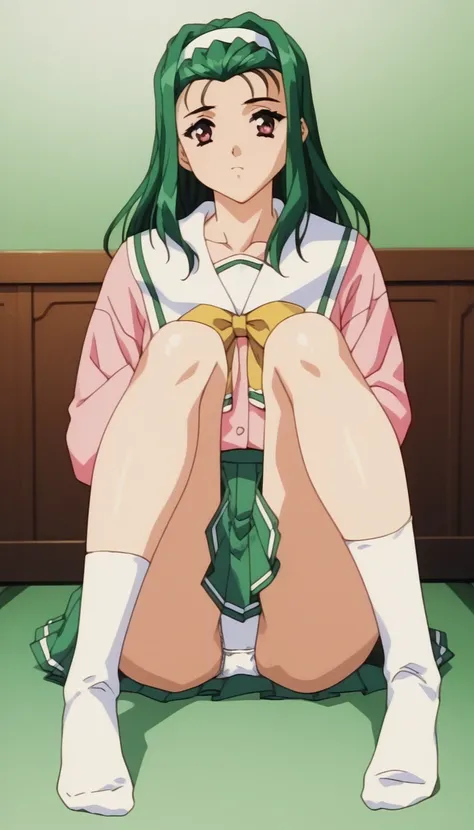 nagisa, green hair, hairband, serafuku, pink shirt, pleated skirt, green skirt， full body style that reflects your whole body，Bare legs、 white panties， white socks、black lofa ，