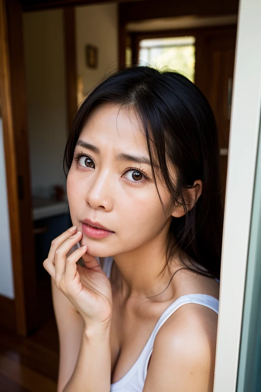 Asian beauty, 38 years old, worried expression inside the house