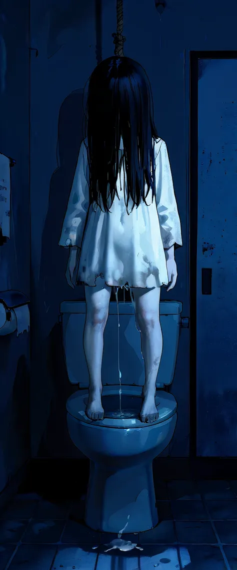 solo,sadako yamamura\(\(the onryo\),long black hair,faceless,hair over face,dirty white dress with sleeves, very short dress, ((leaking cum, cum drip)), bare legs, front face, hair over eyes, black hair, long hair, pale skin, white dress, cute,sexy\), (Han...