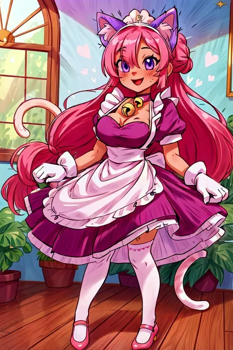 (Masterpiece, best quality), 1 girl, cat_ears, cat_tail, pink_hair, purple_eyes, long hair_over_one_eye maid, maid_uniform, maid_headdress, dress, paw_gloves, cat_paws, white_legwear, neck_bell, bell, shoes, standing indoors with intricate details and sunl...