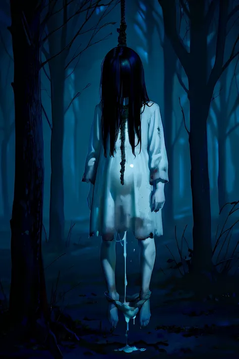 solo,sadako yamamura\(\(the onryo\),long black hair,faceless,hair over face,dirty white dress with sleeves, very short dress, panties around ankles, ((leaking cum, cum drip)), bare legs, front face, hair over eyes, black hair, long hair, pale skin, white d...