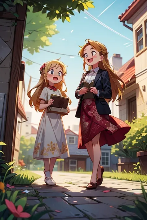 Masterpiece, best quality) 2 girls sisters blonde long hair, floral long formal dress, Jehovah´s Witnesses, outdoors, preaching in houses, full body, smilling