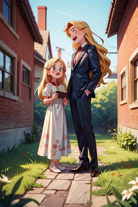 Masterpiece, best quality) 2 girls sisters blonde long hair, floral long formal dress, Jehovah´s Witnesses, outdoors, preaching in houses, full body, smilling