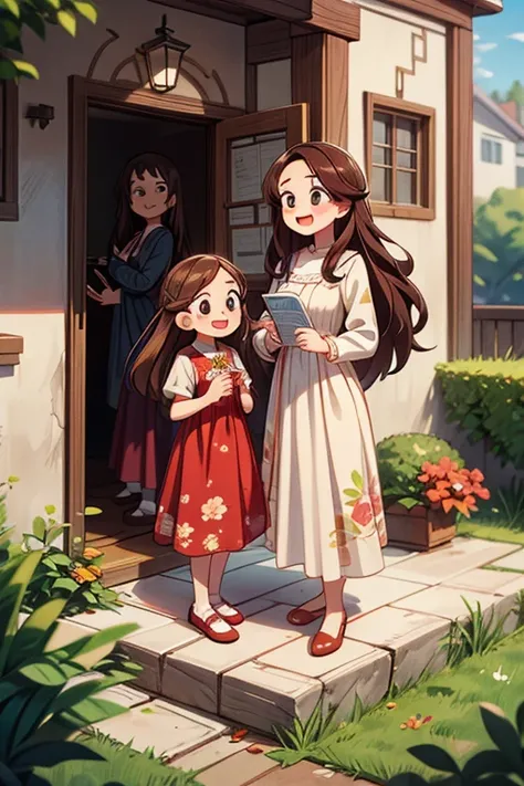 Masterpiece, best quality) 2 girls sisters brown long hair, floral long formal dress, Jehovah´s Witnesses, outdoors, preaching in houses, full body, smilling