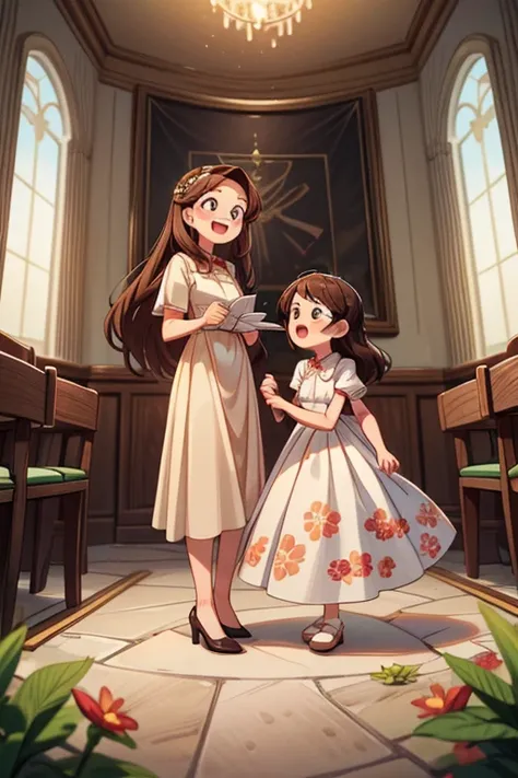 Masterpiece, best quality) 2 girls sisters brown long hair, floral long formal dress, Jehovah´s Witnesses, indoors, singing Kingdom Hall of Jehovah´s Witnesses , full body, smilling