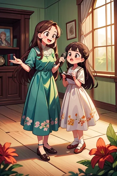 Masterpiece, best quality) 2 girls sisters brown long hair, floral long formal dress, Jehovah´s Witnesses, indoors, singing Kingdom Hall of Jehovah´s Witnesses , full body, smilling