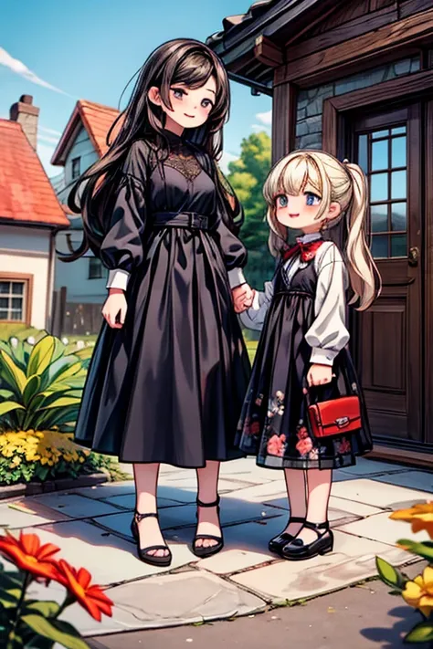 Masterpiece, best quality) 2 girls sisters black long hair, floral long formal dress, Jehovah´s Witnesses, outdoors, preaching in houses, full body, smilling