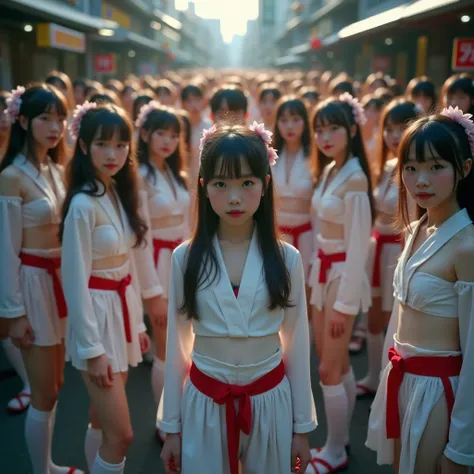 Exposed Open Gigantic Cleavage, CoveredNipple without Bra, Transform into 8K UltraDetailed Live-Action, Photorealistic, ExtremelyDetailed Professional Photography of KAWAII FUNDOSHI Girls at HAKATA GION YAMAKASA, FullBody from below, MagicHour Miracle, Eth...