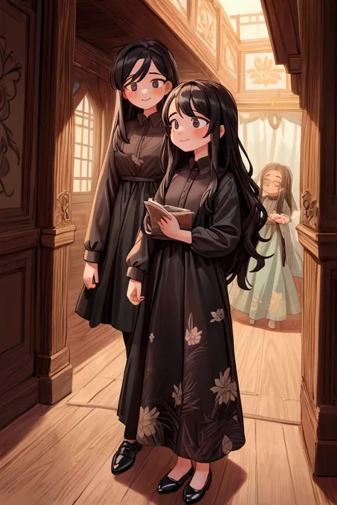 Masterpiece, best quality) 2 girls sisters black long hair, floral long formal dress, Jehova Witnesses, preaching in houses, full body, smilling