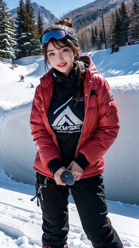 ai_kase, (Famous ski slopes in the snowy mountains:1.3), (She is a snowboarder who glides down the slopes with style.:1.3), (She is wearing White-based hooded ski-wear with red stripes), (A beautiful Japanese girl:1.3), (masterpiece:1.3), masterworks, auth...