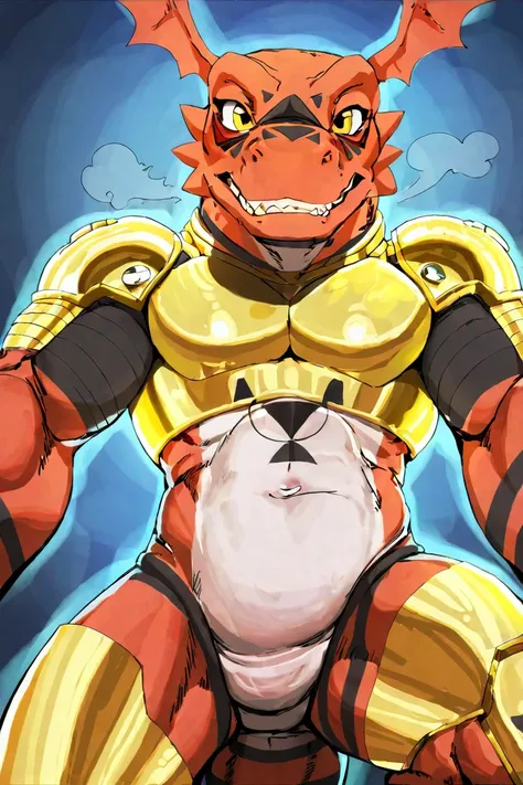 (guilmon), (anthro), feral, digimon, (Art by justmegabenewell), Heavy Breathing, Glowing Light, From Below, Illustration, sexy, style, furry, man, (Clenched Teeth), Blush, Embarrassed, (handfixer), Solo, (Looking at viewer),  Simple background, Anime, Digi...