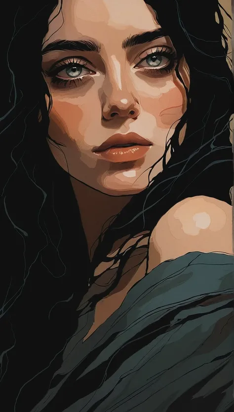 Sensual illustration,  close up portrait of a beautiful woman with black hair, using chiaroscuro, in the darkness, dark, high contrast between light and shadows (((1.4、Beautiful Eyes) , painting, Matte Paint, John Singer Sargent, by Katsuya Terada、 Very so...