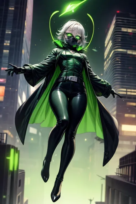 ((best quality)), ((masterpiece)), (detailed), 1 girl, full body, 30 years old, astronaut helmet, silver mask, robotic supervillain mask, no hair, small diamond on forehead, glowing green eyes, android, neck black, tall, long green coat, open green coat, b...