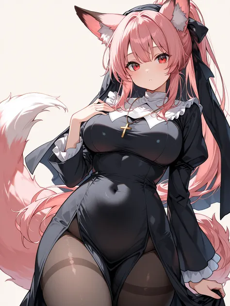 ((masterpiece, best quality)), 1girl, pink hair, long hair, ponytail, long sidelocks, red eyes, fox girl, fox ears, fox tail, fluffy, (nontraditional nun, frills), pantyhose, hair ribbon, looking at viewer, cowboy shot, no cropping, simple background, 