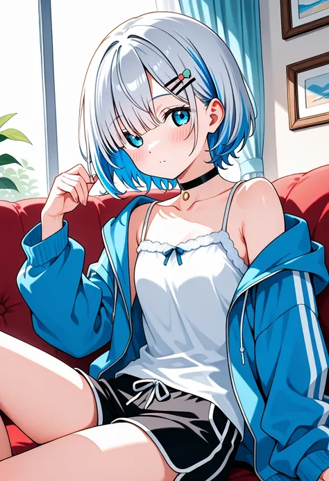 score_9, score_8_up, score_7_up, source_anime, kagaroomwear, short hair, hairclip, blue jacket, open jacket, off shoulder, long sleeves, white camisole, black shorts, black choker, collarbone