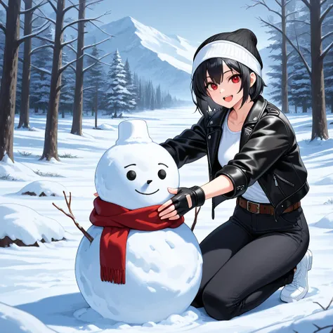 Masterpiece, finest, 1 girl, 1 snowman, open mouth, smiling, short hair, black hair, red eyes, kneeling, (hands on snowman), looking at viewer, snow, snowy mountains, trees, snowy landscape, black hair, medium build, (black leather jacket with arms rolled ...