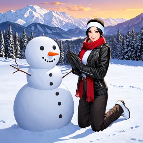 Masterpiece, finest, 1 girl, 1 snowman, open mouth, smiling, short hair, black hair, red eyes, kneeling, (hands on snowman), looking at viewer, snow, snowy mountains, trees, snowy landscape, black hair, medium build, (black leather jacket with arms rolled ...