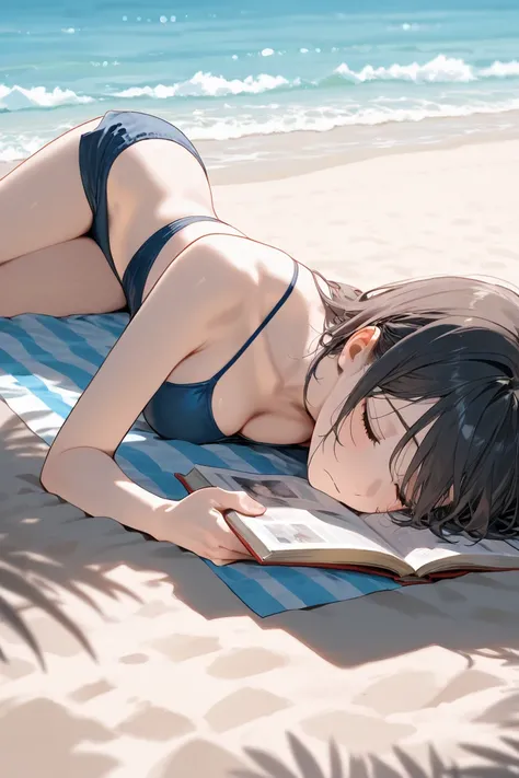 Depressed girl on the beach reading a book raining