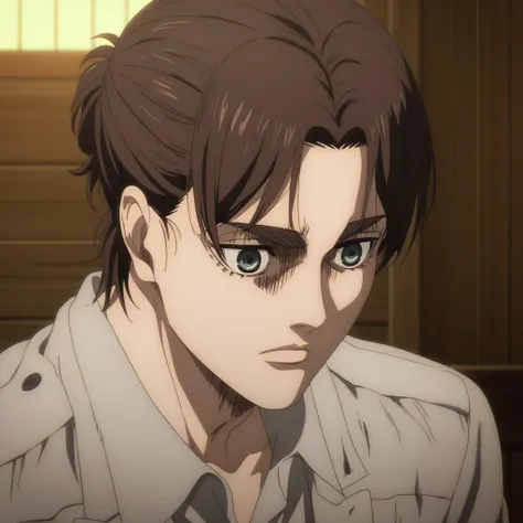 cabin eren, On a thin beak, His eyes are grey,  well-detailed eyes , relaxed gaze,  dark brown hair , Tied little hair, gray long sleeve shirt, pantalon negro,  Anime Style , attack on titan,  type of animation animation company Mappa.   a single character...