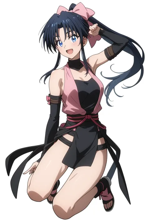 MASTER PIECE, HIGH QUALITY,  Kamiya Kaoru, 1girl,(((((girl wearing (black ninja costume), detached sleeves, bare legs)))), sexy body, (((tomboy))), narrow waist, ((((perfect girl anatomy)))), LONG HAIR, long ponytail HAIRSTYLE , pink hairbow, blue eyes, PE...